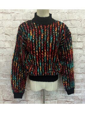 Vintage 80s Joyce Sweater Size M Colorful Eyelash Chenille Ribbon Mock Neck